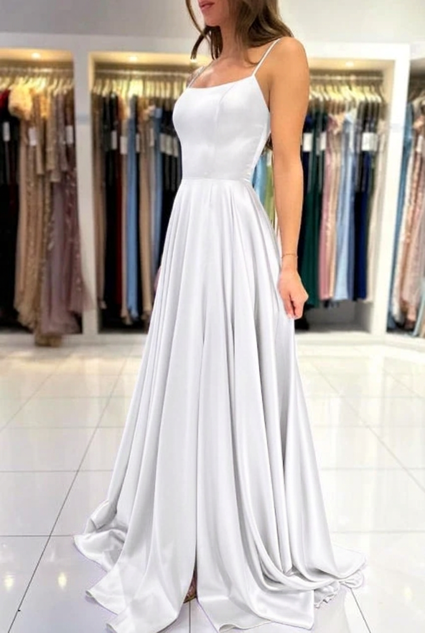 White square satin A-line prom dress