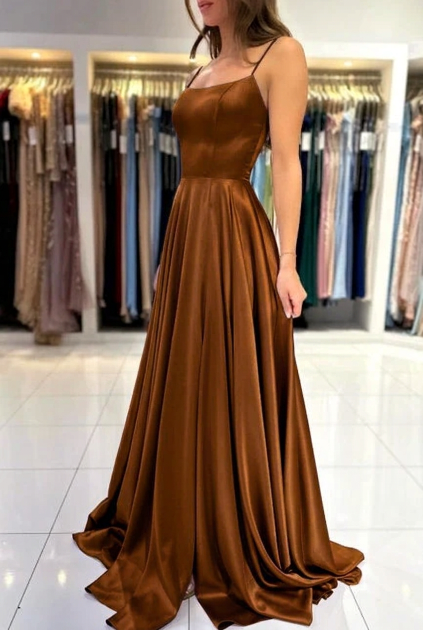 Chocolate square satin A-line prom dress