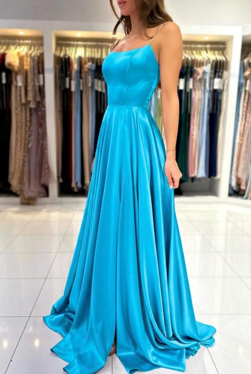 Turquoise square satin A-line prom dress