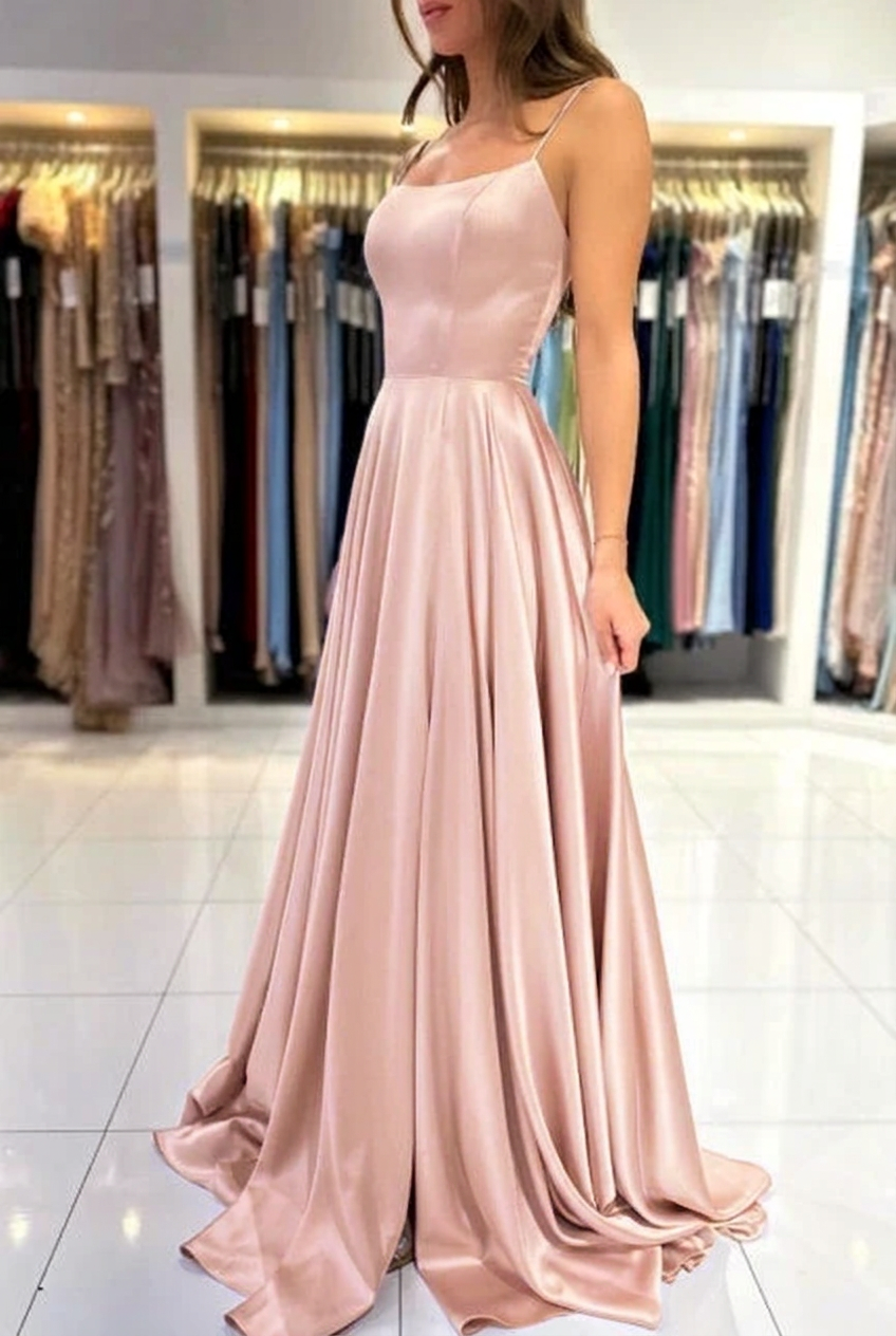 Pearl pink square satin A-line prom dress