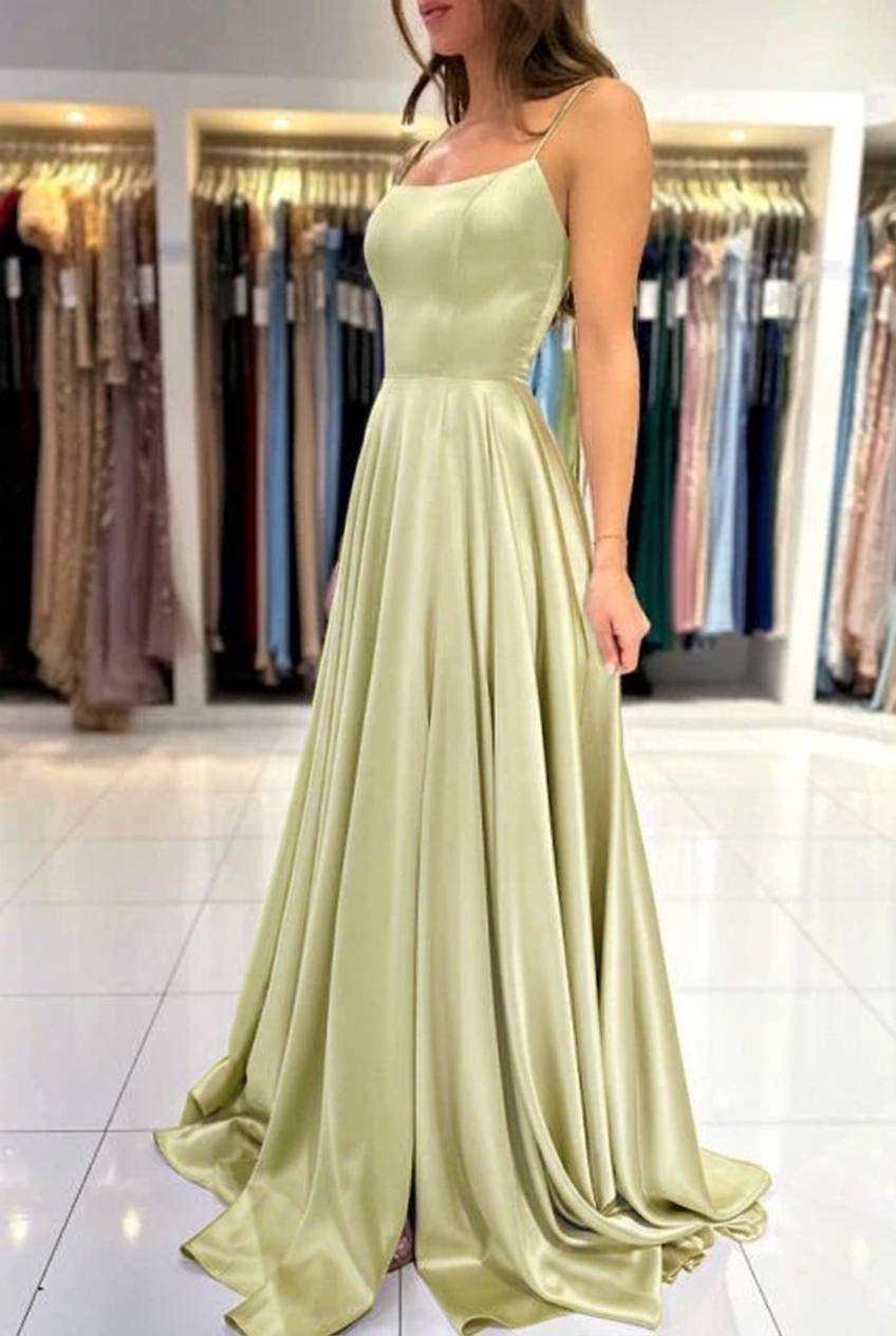 Sage square satin A-line prom dress