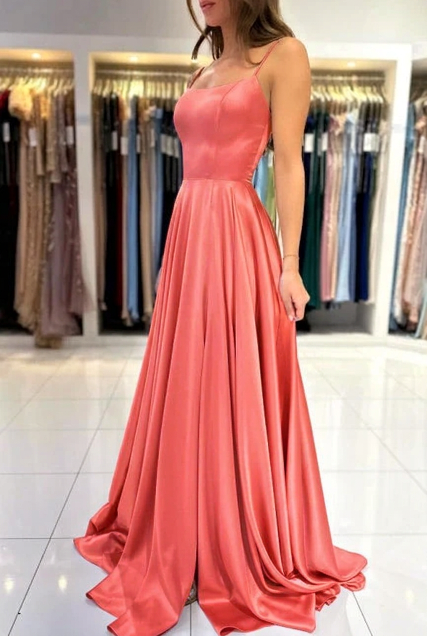Coral square satin A-line prom dress