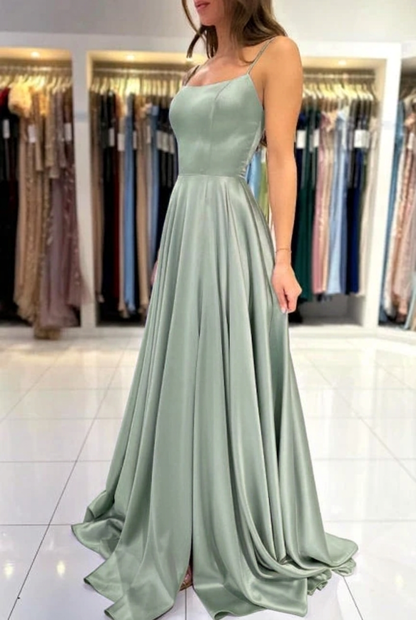 Dusty sage square satin A-line prom dress