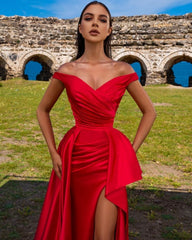 Simple Long Red Off-the-shoulder Split Mermaid Prom Evening Dresses