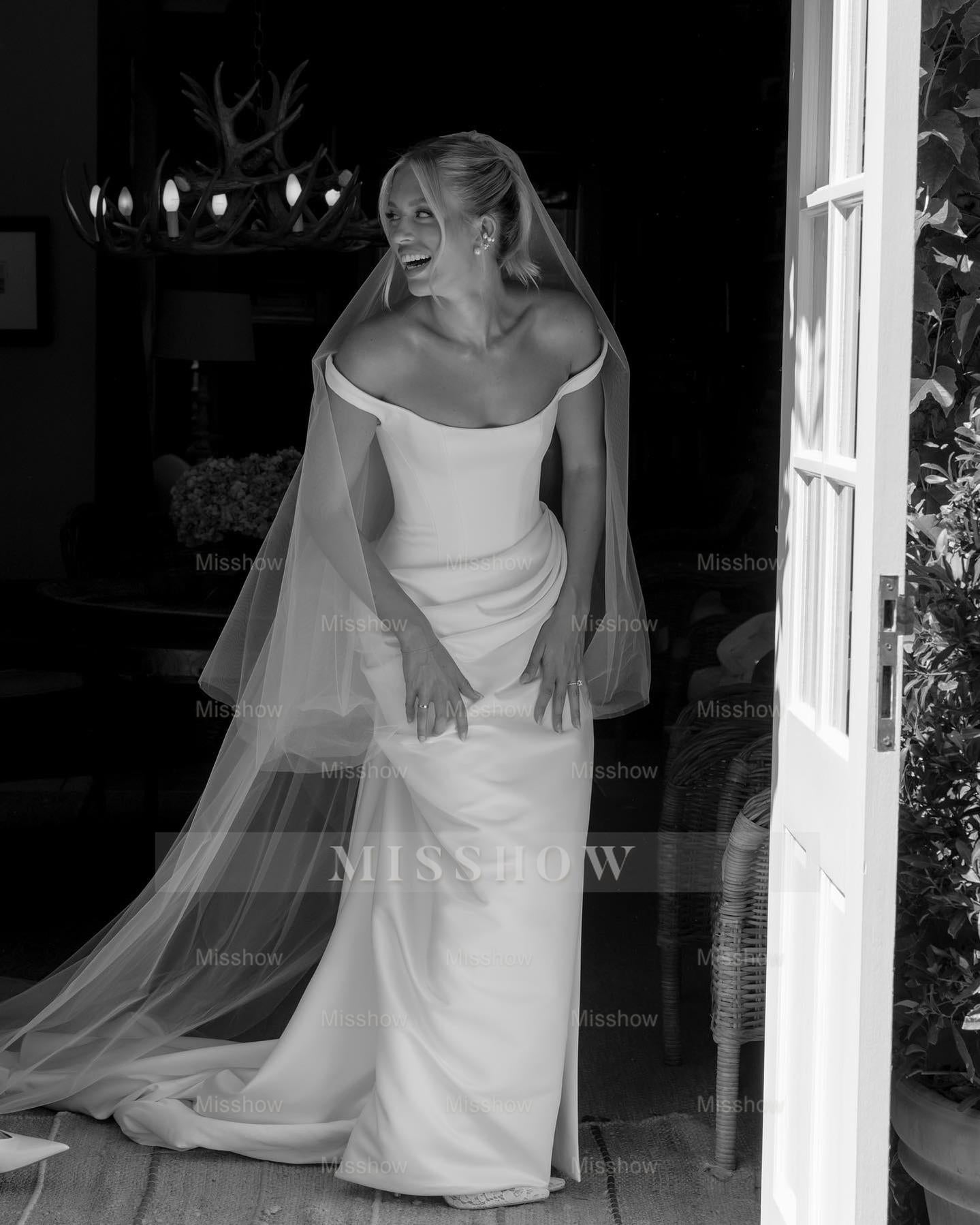 Simple Long White Column Off-the-shoulder Satin Corset Wedding Dress with Slit