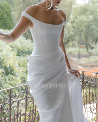 Simple Long White Column Off-the-shoulder Satin Corset Wedding Dress with Slit