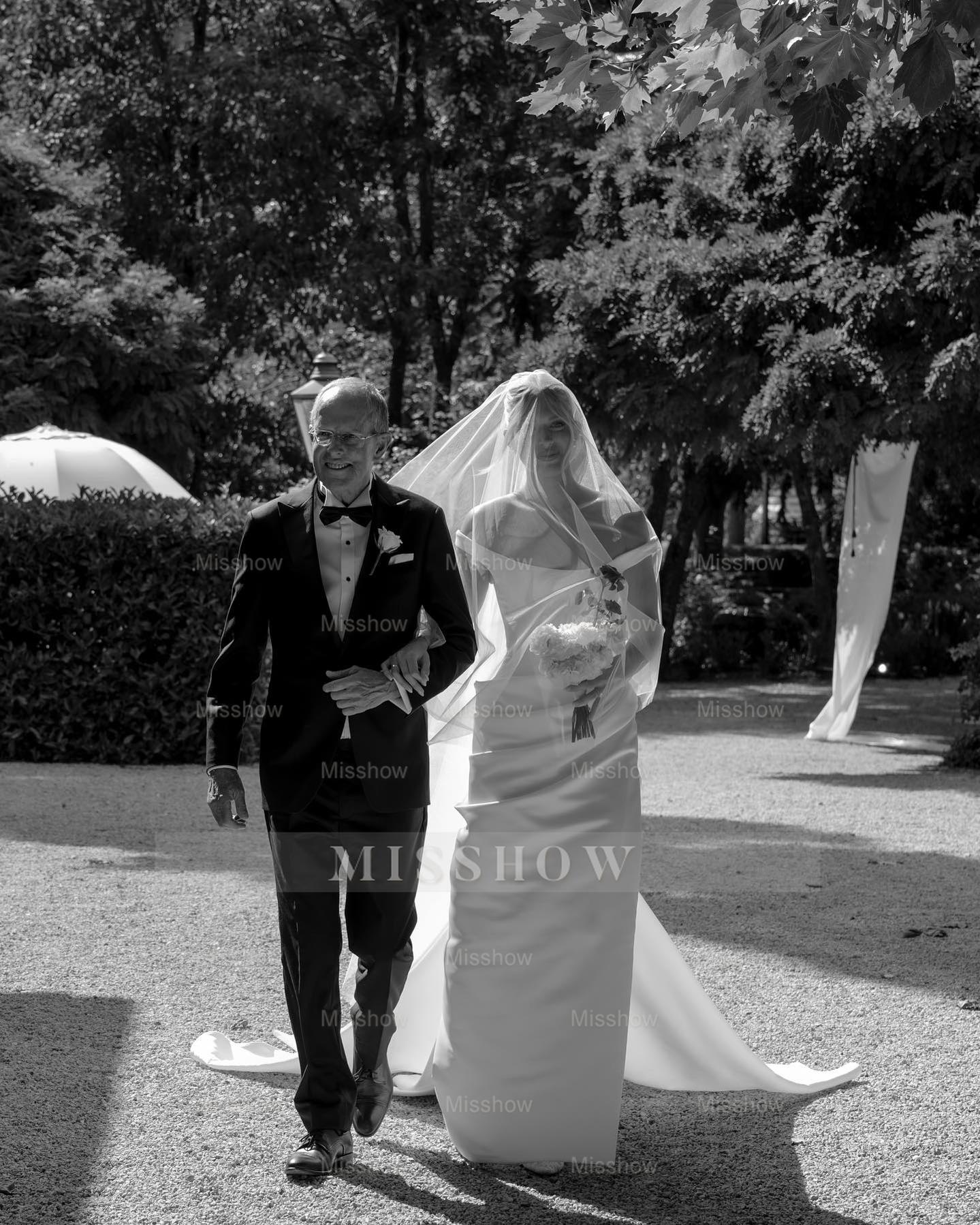 Simple Long White Column Off-the-shoulder Satin Corset Wedding Dress with Slit