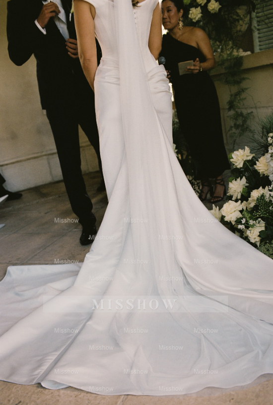 Simple Long White Column Off-the-shoulder Satin Corset Wedding Dress with Slit