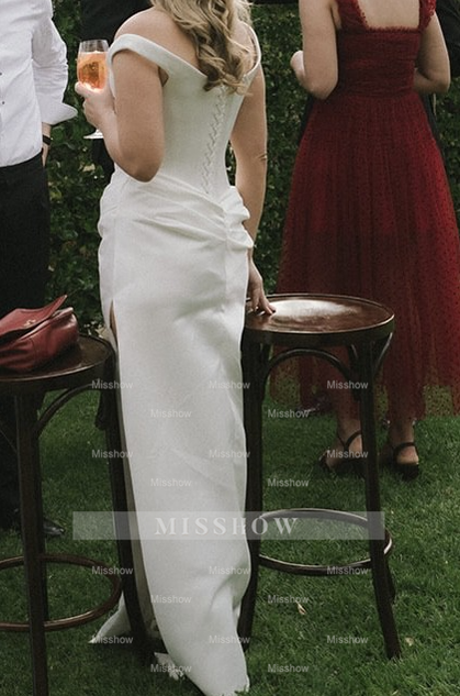 Simple Long White Column Off-the-shoulder Satin Corset Wedding Dress with Slit