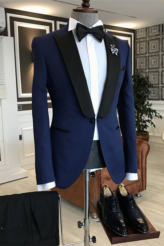 Simple Navy Blue Peaked Lapel Two-Piece Prom Suit