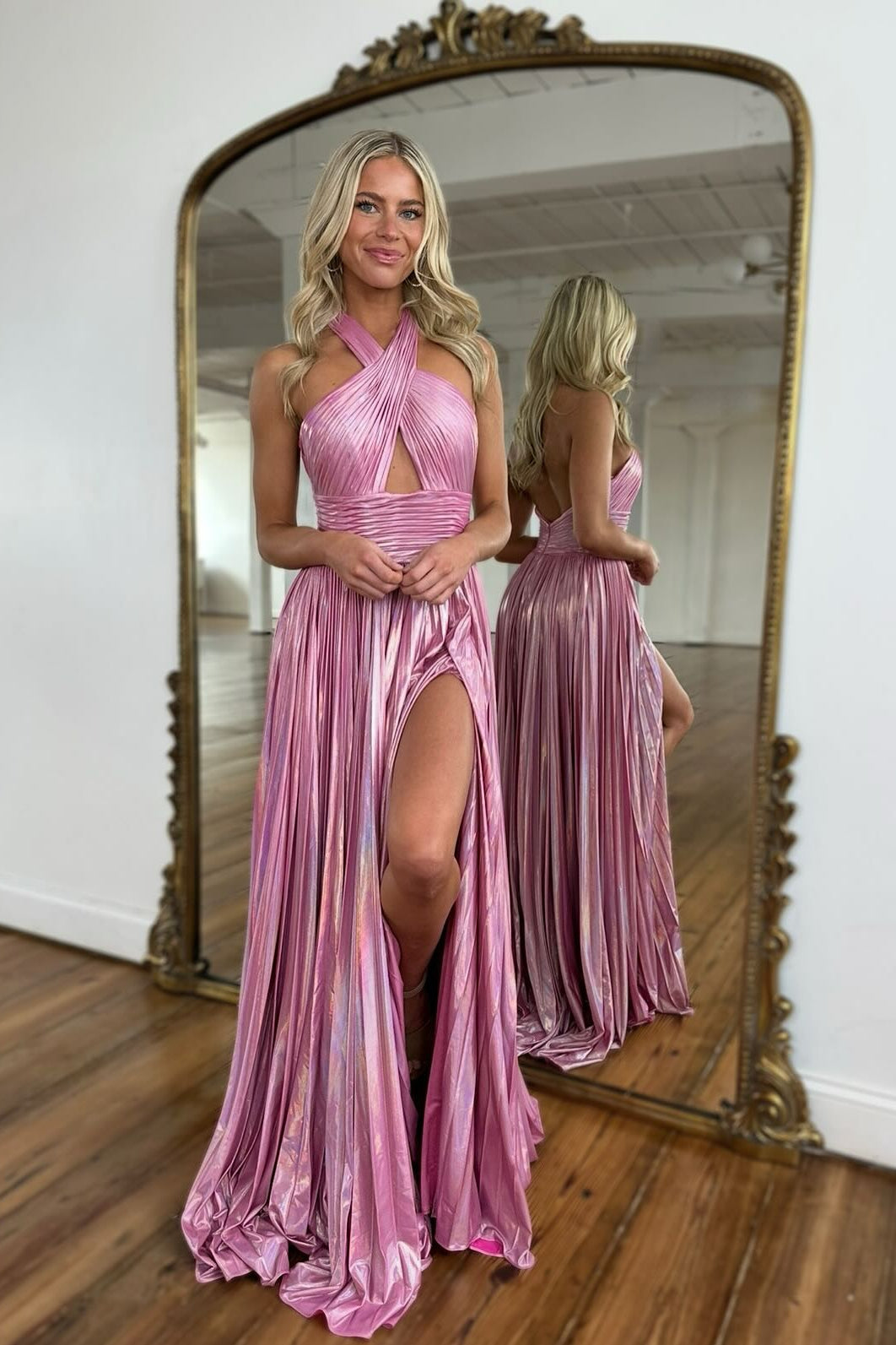 Simple Pink A-Line Halter Sleeveless Backless Prom Dress with Front Split