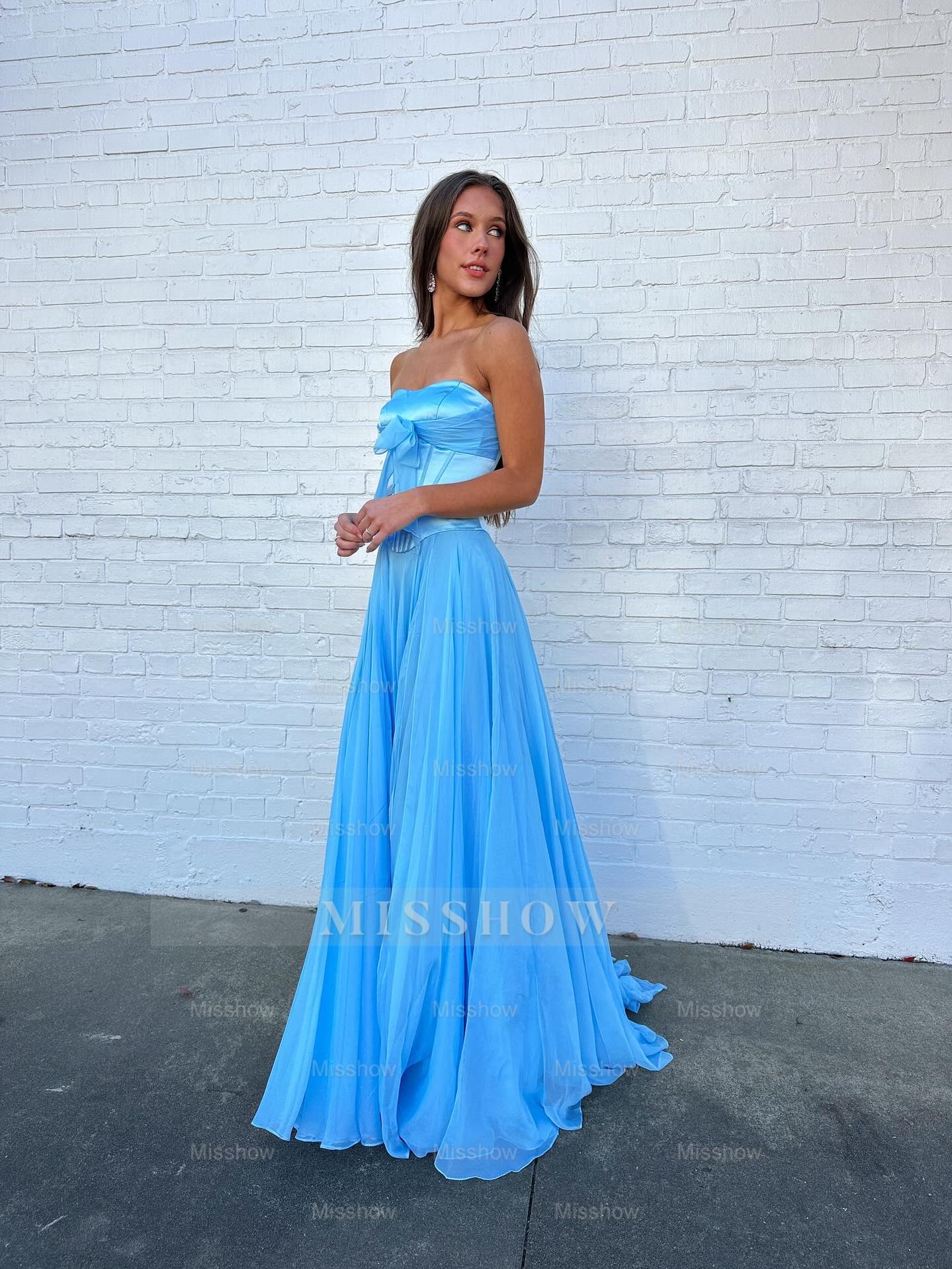Sky blue strapless bow A-line prom dress