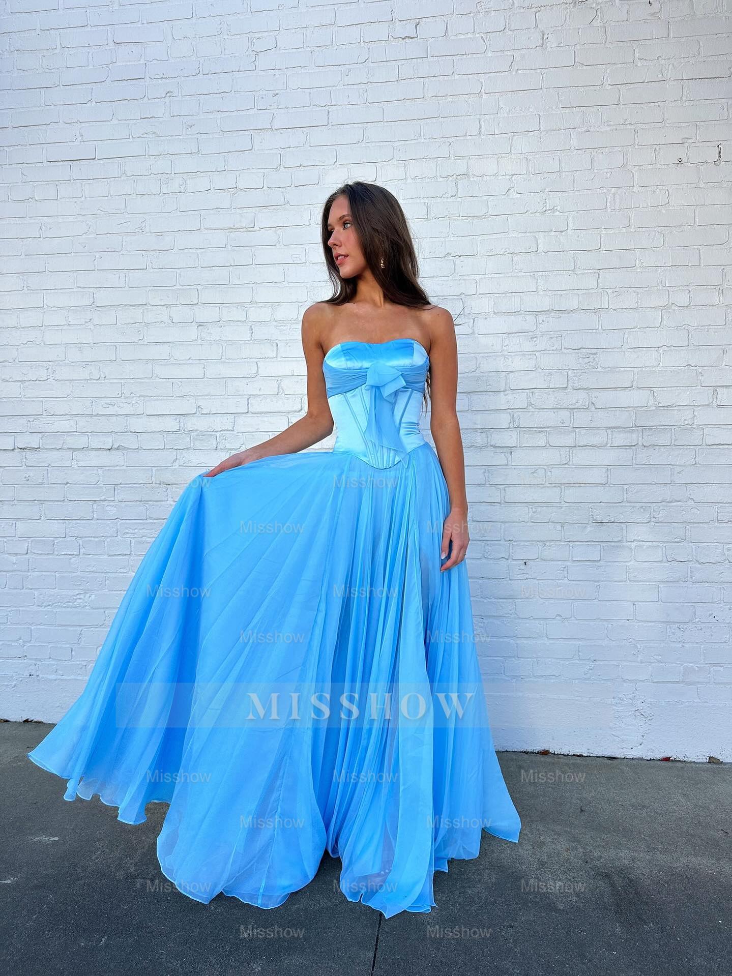 Sky blue strapless bow A-line prom dress
