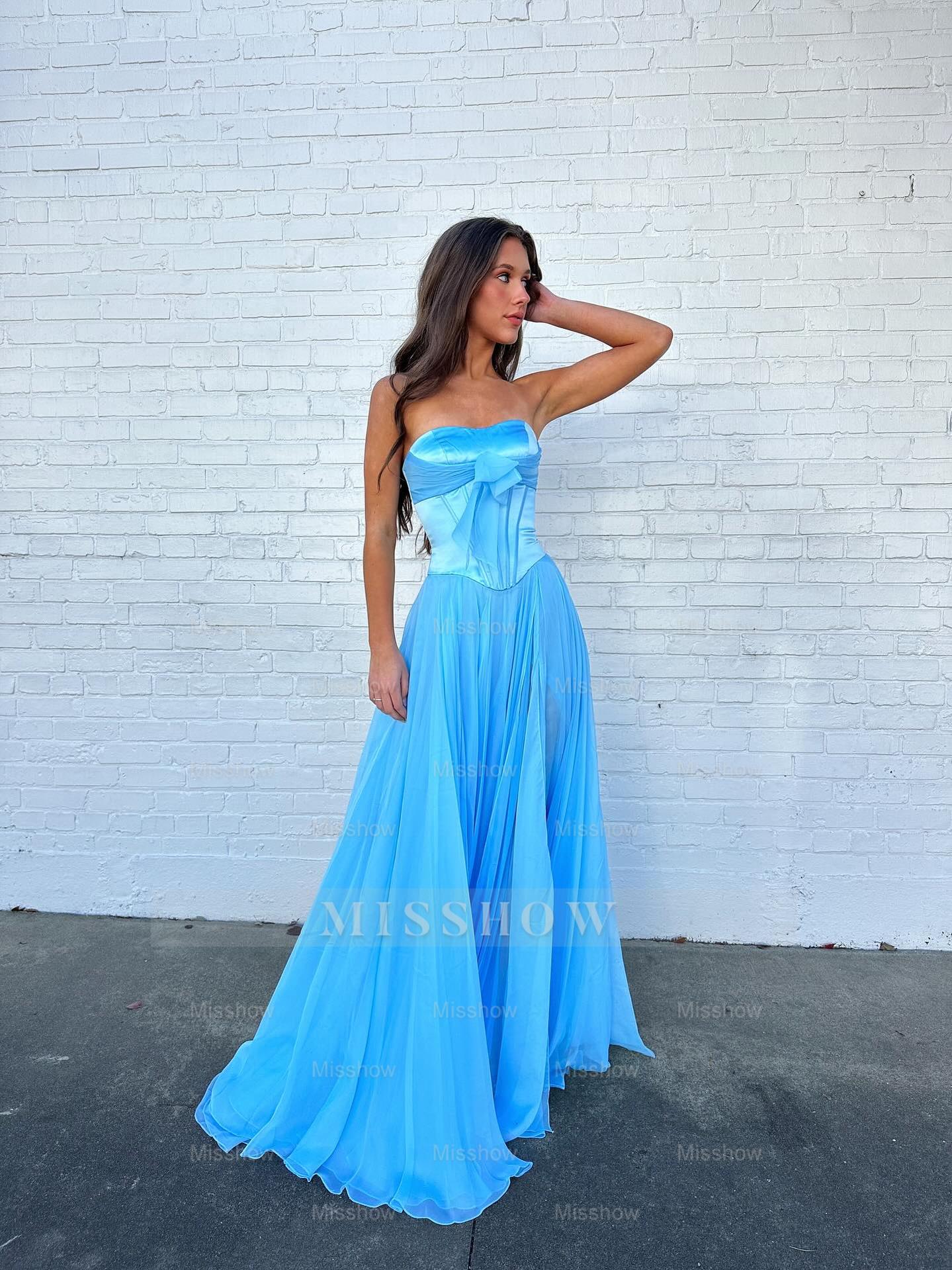 Sky blue strapless bow A-line prom dress