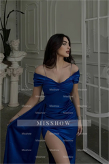 Simple Royal Blue Spaghetti Strap Pleated Long Formal Dress With Split