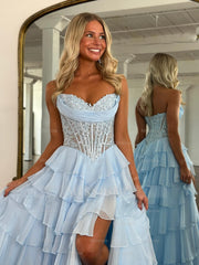 Simple Sky Blue A-Line Sweetheart Sleeveless Prom Dress with Ruffles and Front Split