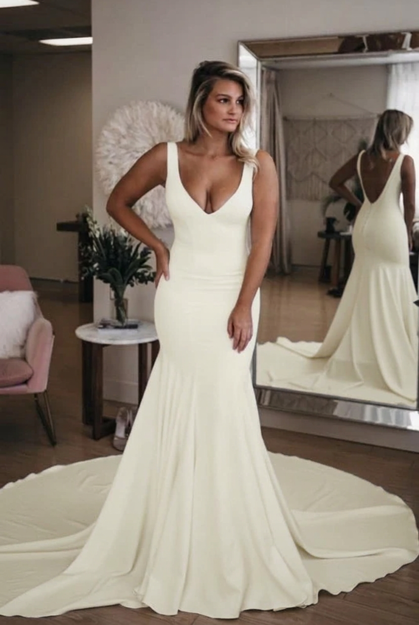 Ivory v-neck satin mermaid wedding dress