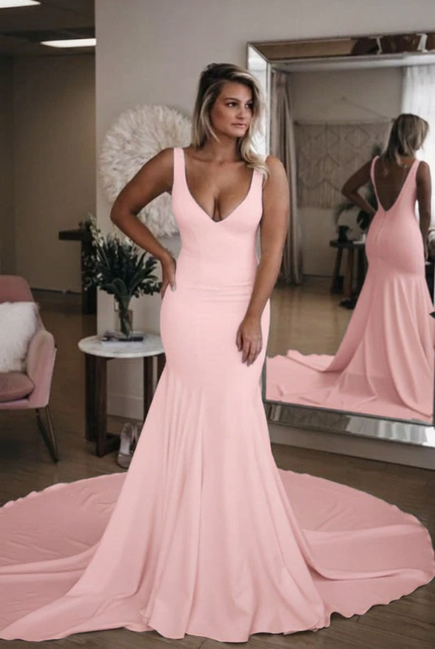 Blushing pink v-neck satin mermaid wedding dress