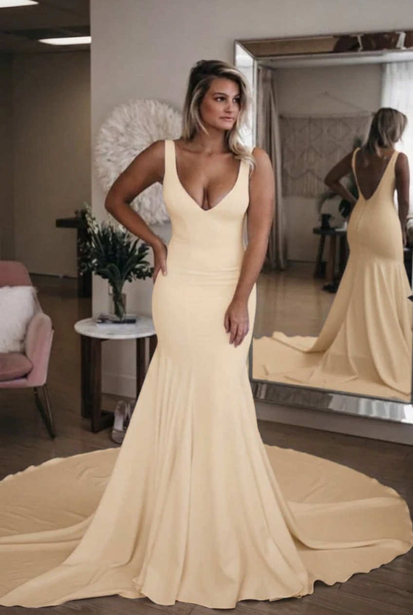 Champagne v-neck satin mermaid wedding dress