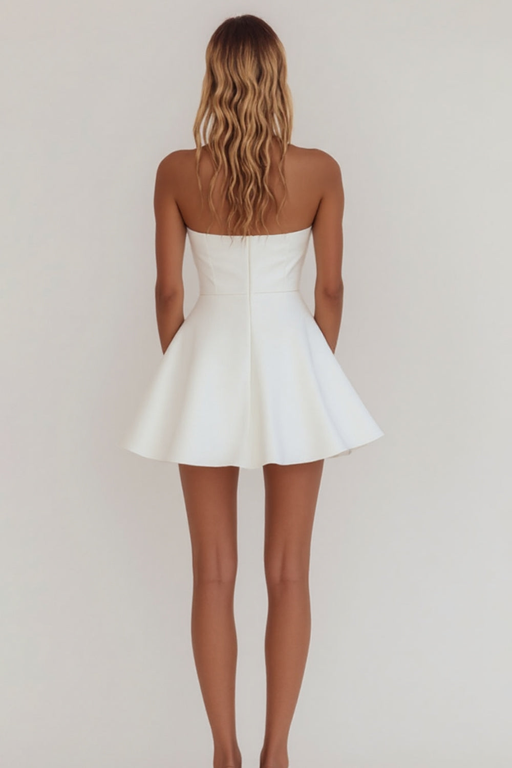 Simple White A Line Strapless Mini Satin Cocktail Dress