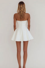 Simple White A Line Strapless Mini Satin Cocktail Dress
