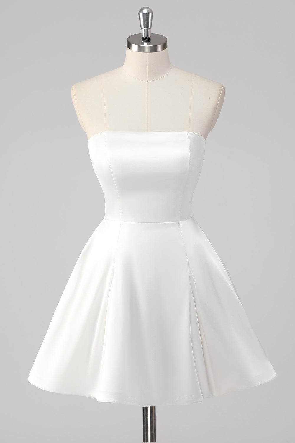Simple White A Line Strapless Mini Satin Cocktail Dress