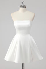 Simple White A Line Strapless Mini Satin Cocktail Dress