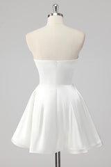 Simple White A Line Strapless Mini Satin Cocktail Dress