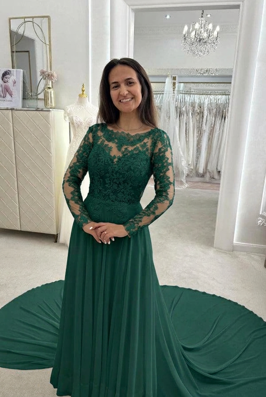 Dark green scoop applique a-line wedding dress