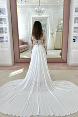 Simple White Crew Long Sleeves A-Line Wedding Dress with Appliques and Chapel Train