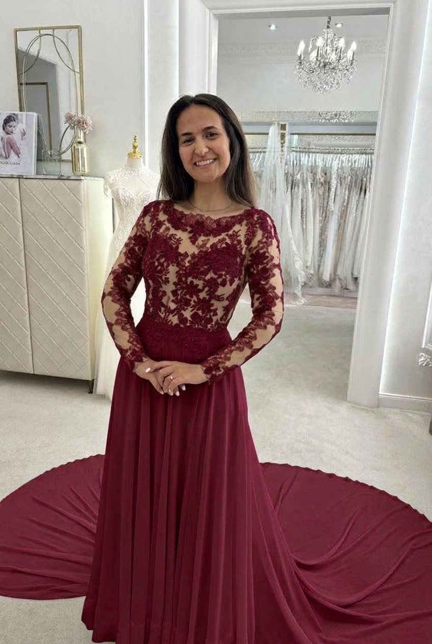 Burgundy scoop applique a-line wedding dress