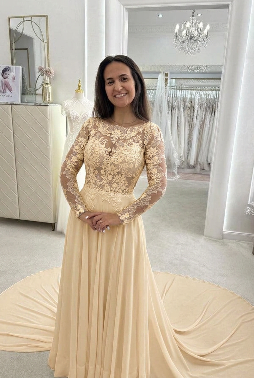 Champagne scoop applique a-line wedding dress