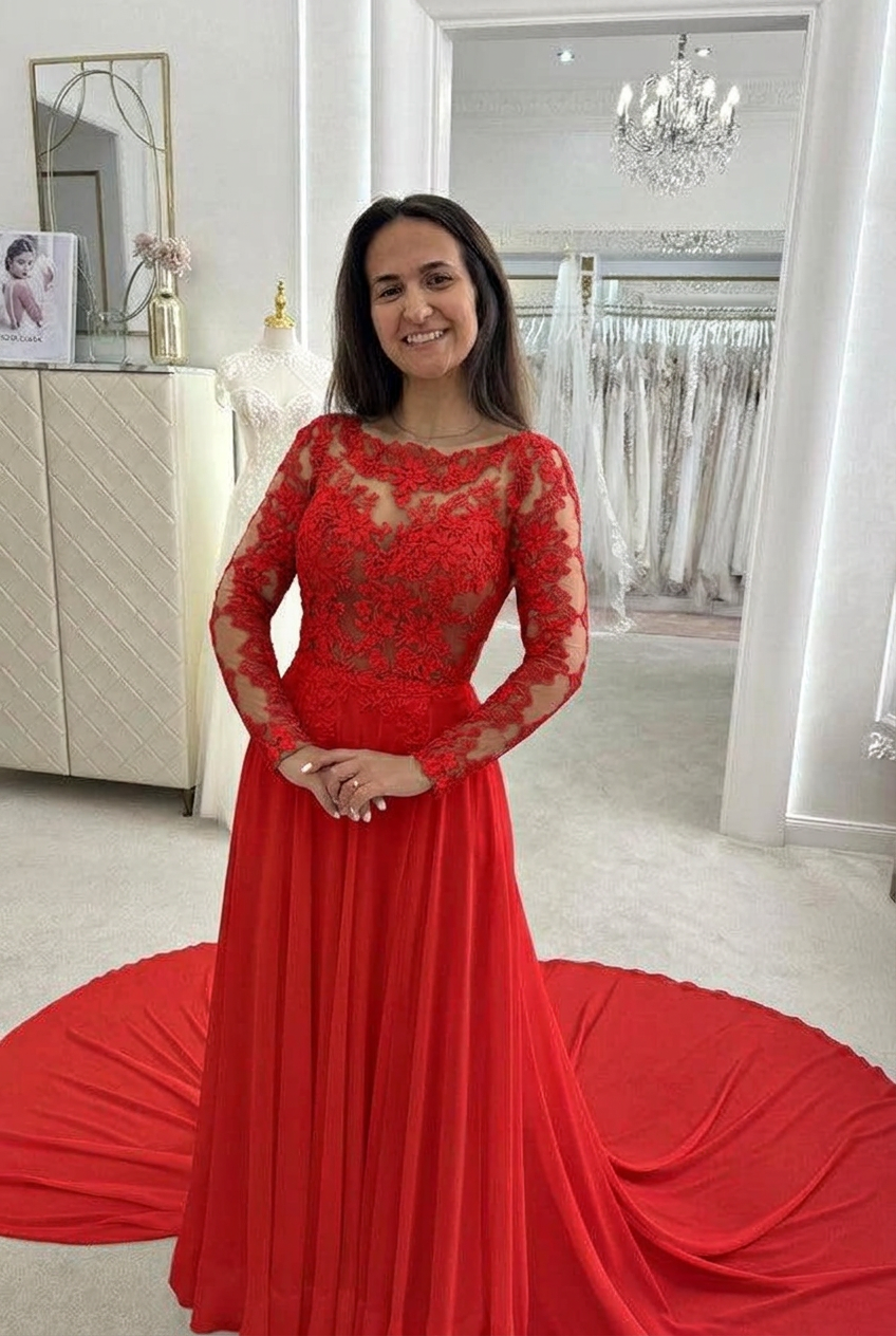Red scoop applique a-line wedding dress