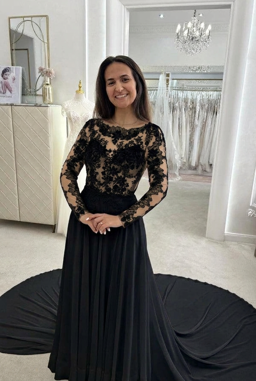 Black scoop applique a-line wedding dress