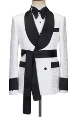 Simple White Double-Breasted Jacquard Suit with Black Shawl Lapel