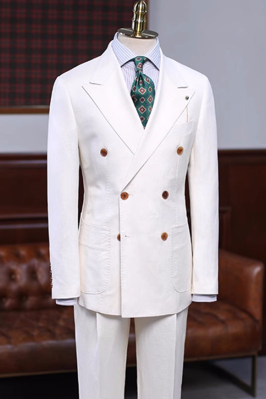 Simple White Double-Breasted Peaked Lapel Prom Suit