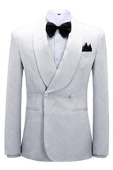 Simple White Jacquard Shawl Collar Double Breasted Groom's Suit