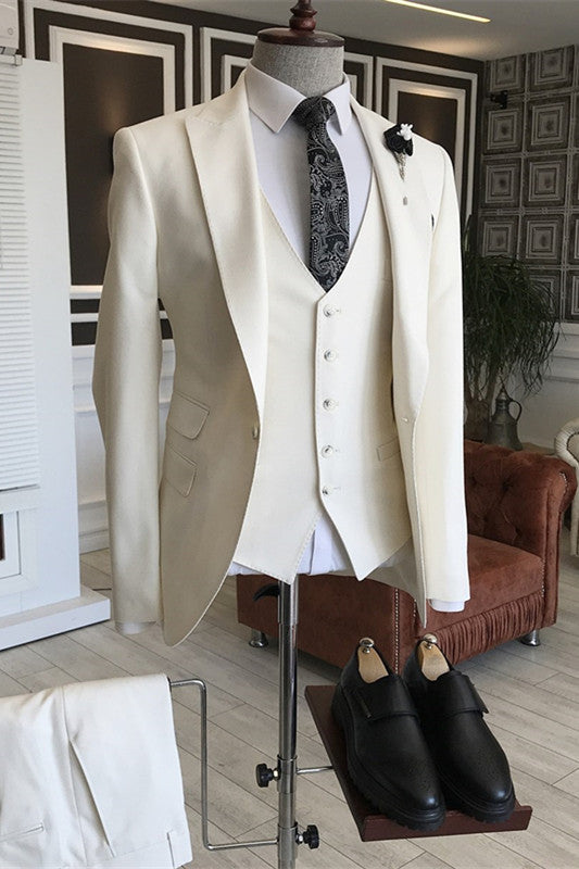 Simple White Peaked Lapel Three-Piece Prom Suit