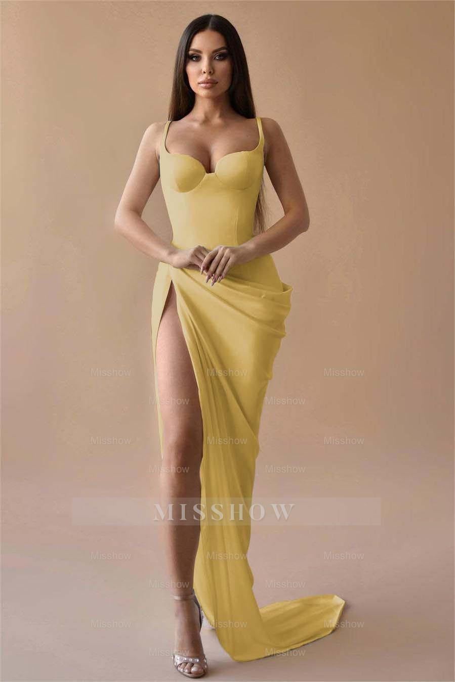 Simple White Spaghetti Strap Sleeveless Pleated Long Formal Dress With Split