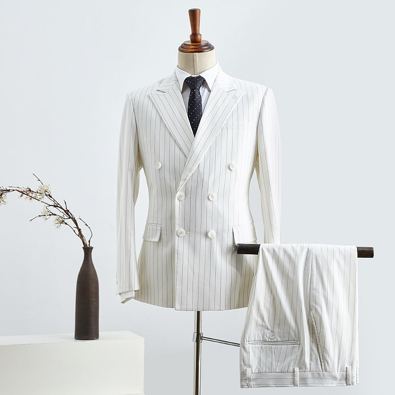 Simple White Striped Double Breasted Slim Fit Custom Business Suit