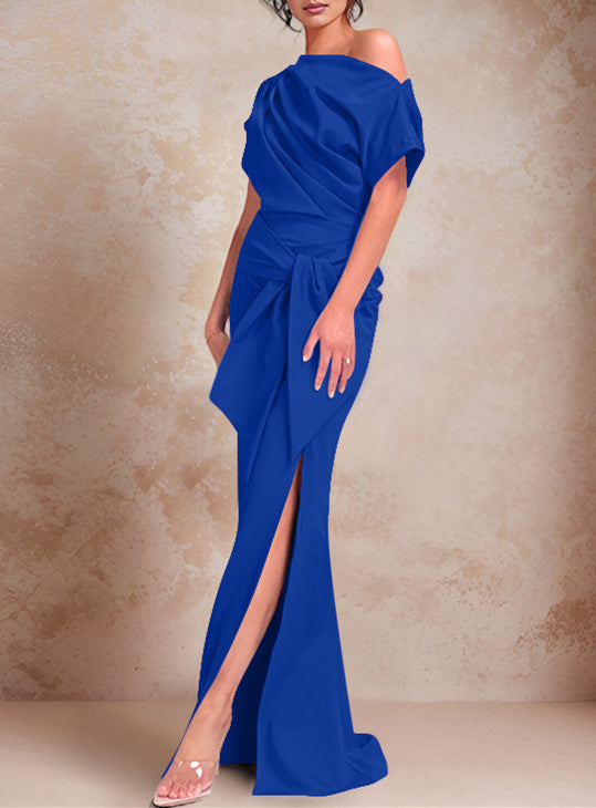 Trumpet Mermaid One Shoulder Short Sleeves Floor Length Mother Of The Bride Dresses With Ruffles Split Side