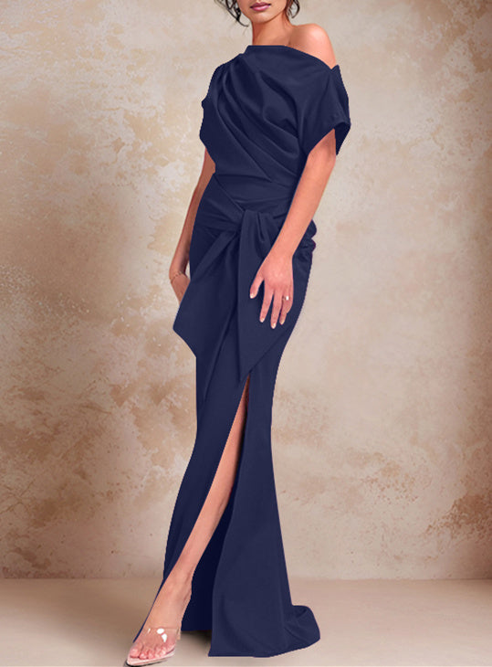 Trumpet Mermaid One Shoulder Short Sleeves Floor Length Mother Of The Bride Dresses With Ruffles Split Side