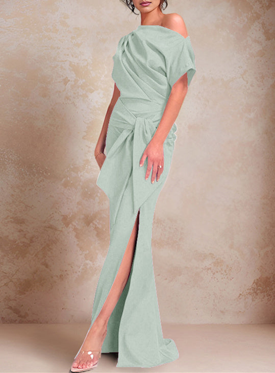 Trumpet Mermaid One Shoulder Short Sleeves Floor Length Mother Of The Bride Dresses With Ruffles Split Side