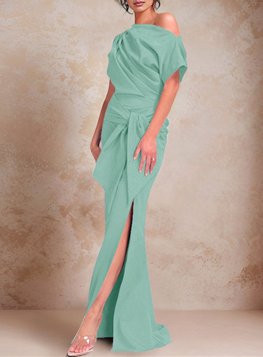 Trumpet Mermaid One Shoulder Short Sleeves Floor Length Mother Of The Bride Dresses With Ruffles Split Side