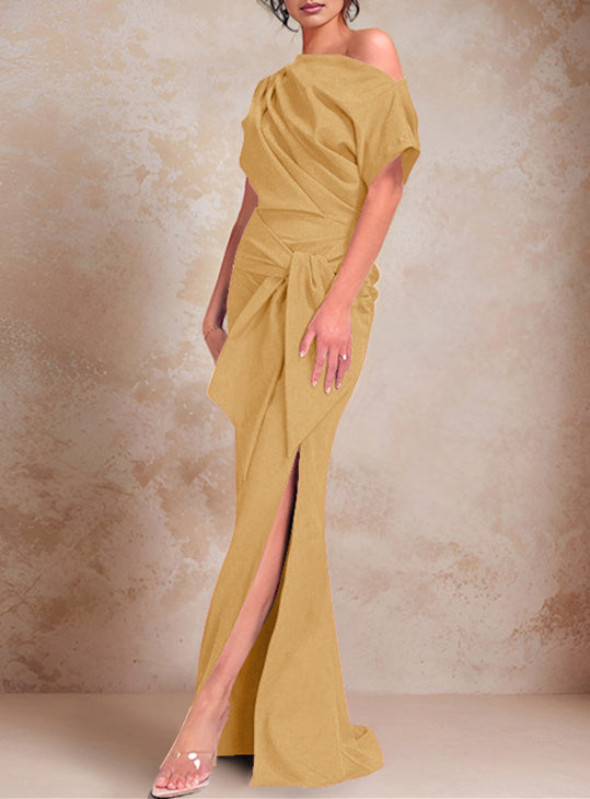 Trumpet Mermaid One Shoulder Short Sleeves Floor Length Mother Of The Bride Dresses With Ruffles Split Side