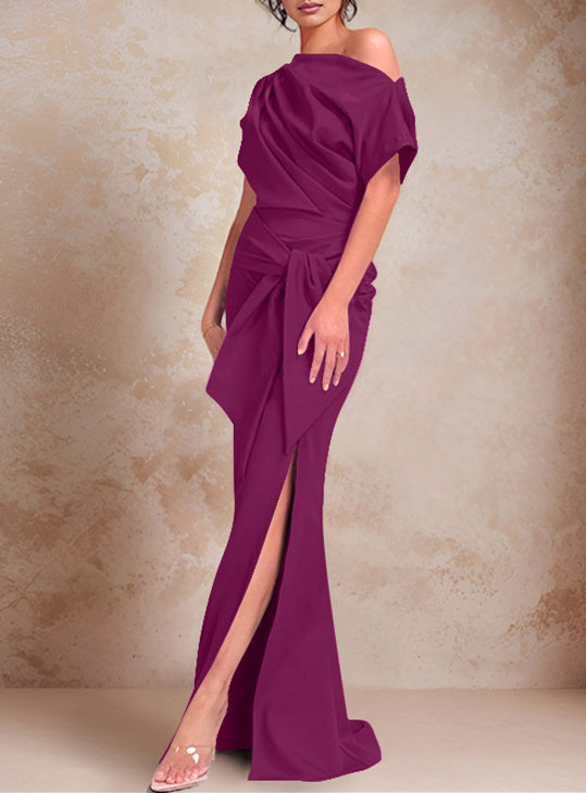 Trumpet Mermaid One Shoulder Short Sleeves Floor Length Mother Of The Bride Dresses With Ruffles Split Side