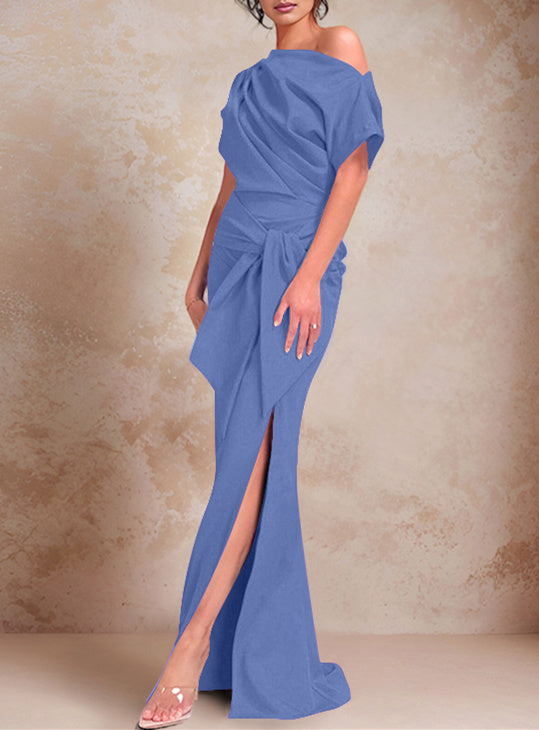 Trumpet Mermaid One Shoulder Short Sleeves Floor Length Mother Of The Bride Dresses With Ruffles Split Side