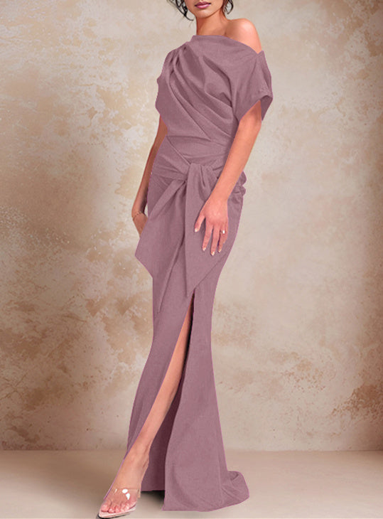 Trumpet Mermaid One Shoulder Short Sleeves Floor Length Mother Of The Bride Dresses With Ruffles Split Side