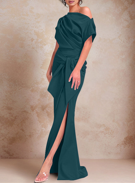 Trumpet Mermaid One Shoulder Short Sleeves Floor Length Mother Of The Bride Dresses With Ruffles Split Side