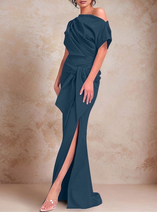 Trumpet Mermaid One Shoulder Short Sleeves Floor Length Mother Of The Bride Dresses With Ruffles Split Side
